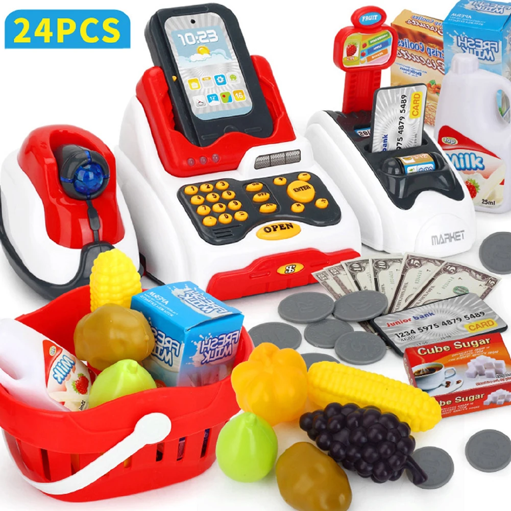 24Pcs Children Pretend & Play Toys Miniature Supermarket Cash Register Toys Counter Pretend Play Role