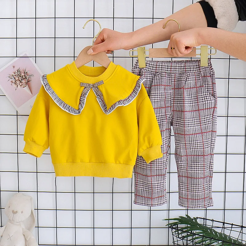 newborn baby clothing gift set Baby Girl Clothes Spring And Autumn Cotton Suit 0-4 Years Old Girl Plaid Letter Printed Sweater Baby Girl Clothes Two-Piece Suit baby clothing set red	 Baby Clothing Set