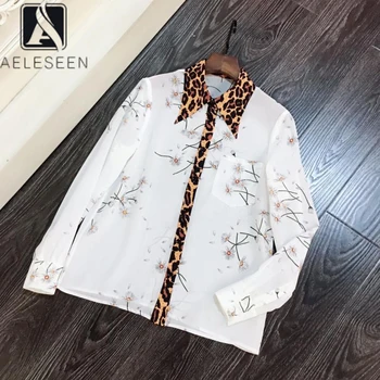 

AELESEEN 100% Slik Blouse 2020 Runway Fashion Spring Summer Shirt Floral Leopard Print High Quality White Party Office Blouse