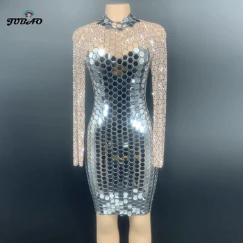 

sparkly Silver Rhinestones Mirror Transparent Short Prom Birthday Celebrate Outfit Dress Women Dance Show Dresses rave festival
