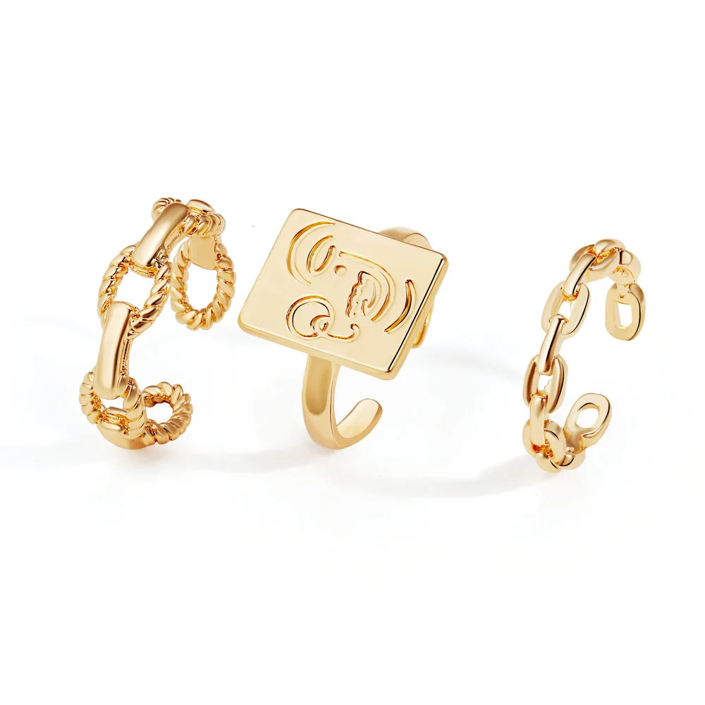 

Korean Fashion Bohemia Punk Style 3pc Set Gold Plating Face Finger Ring Set