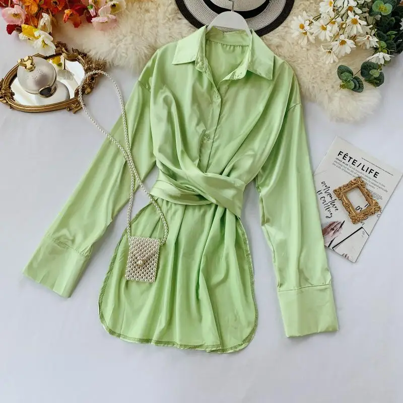 

Autumn Blouse Light Cooked Elegant Satin Open Fork Loose Thin Shirt Women Long Sleeve Solid Color Casual Blouse J223