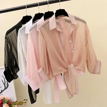 Spring and summer 2020 chiffon short sunscreen blouse knotted shirt shawl ladies small shirt transparent dress with suspenders