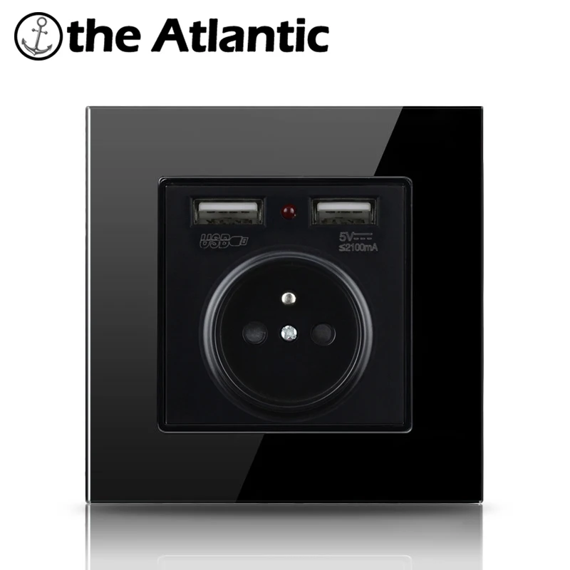 Atlectric EU FR настенная розетка с двумя портами usb 16A 2100mA электрическая настенная розетка с панелью из закаленного стекла адаптер зарядного устройства
