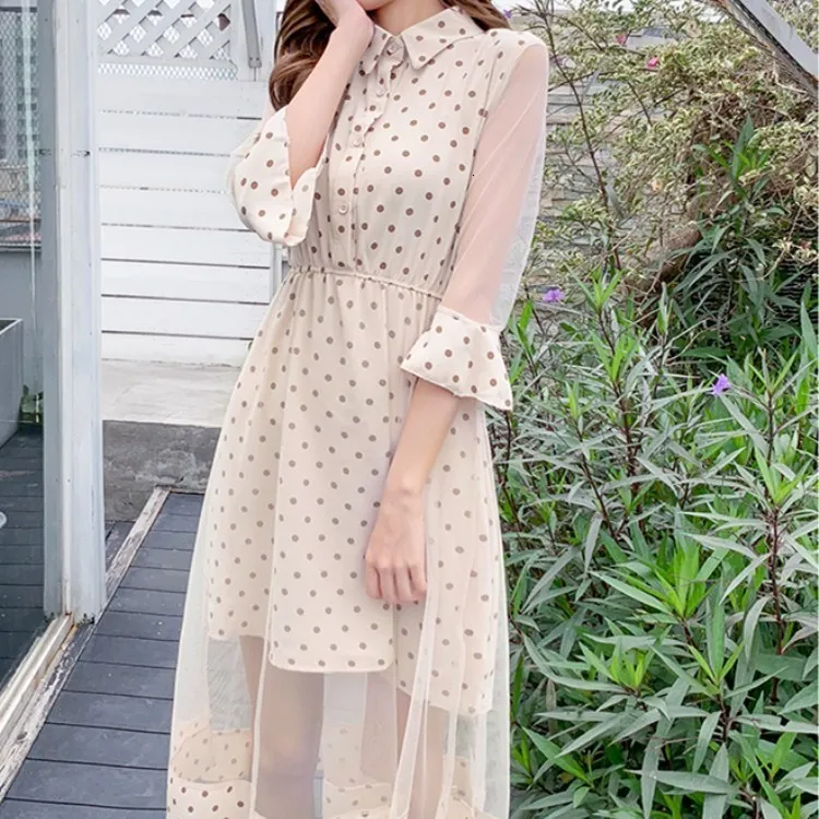 Модное летнее женское платье в горошек, рукав три четверти, Сетчатое женское платье-миди с поясом, вечерние платья