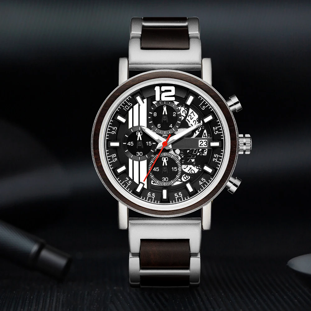 relogio masculino Gold Luxury Men Watch Metal Wooden Chronograph Wristwatch Quartz Timepiece Custom Steel Dial  Christmas Gift