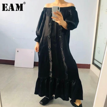 

[EAM] Women Black Button Ruffles Long Big Size Dress New Slash Neck Long Sleeve Loose Fit Fashion Tide Spring Autumn 2020 1T695