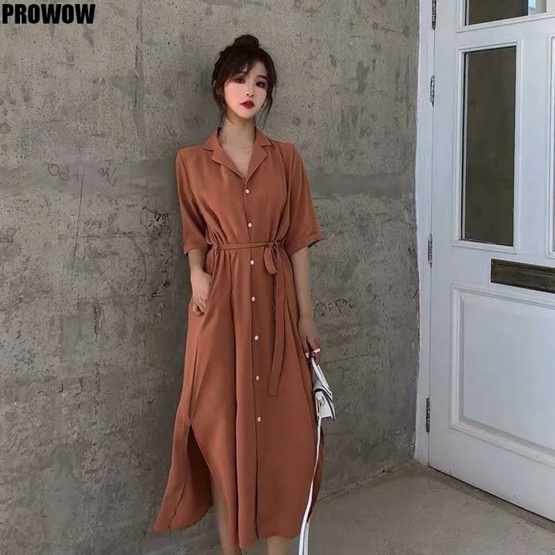 Chic Elegant Women Midi Dress Summer Fashion Office Waist Split Dresses Korean Retro Chiffon Japanese Leisure Dress Female 2020