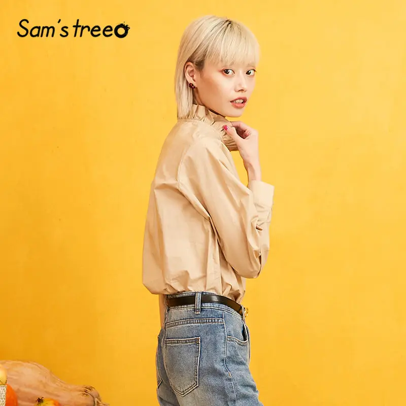 SAM'S TREE/однотонная блузка цвета хаки с рюшами и стоячим воротником для женщин, Осенние повседневные офисные женские топы с длинными рукавами на одной пуговице