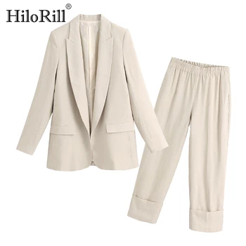 

HiloRill Solid Two Piece Office Wear Suit Blazer Set Women Long Sleeve Suit Jacket Coat With High Waist Wige Leg Cuff Trousers