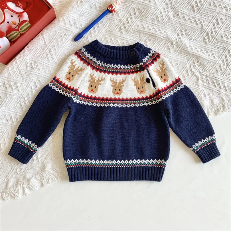 Вязаный свитер для маленьких девочек; Рождественский свитер для малышей; свитера для мальчиков с рисунком оленя; хлопковый кардиган для малышей; Детские свитера; кардиган для мальчиков и девочек; От 1 до 7 лет - Цвет: Синий