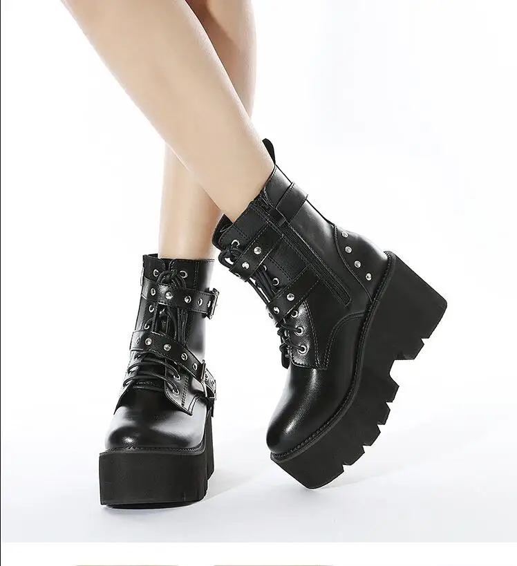 Autumn Winter Lace Up Elastic Leather Shoes For Women Ankle Boots Sexy High Heels Balck Brown Black Platform Shorts Boots Large