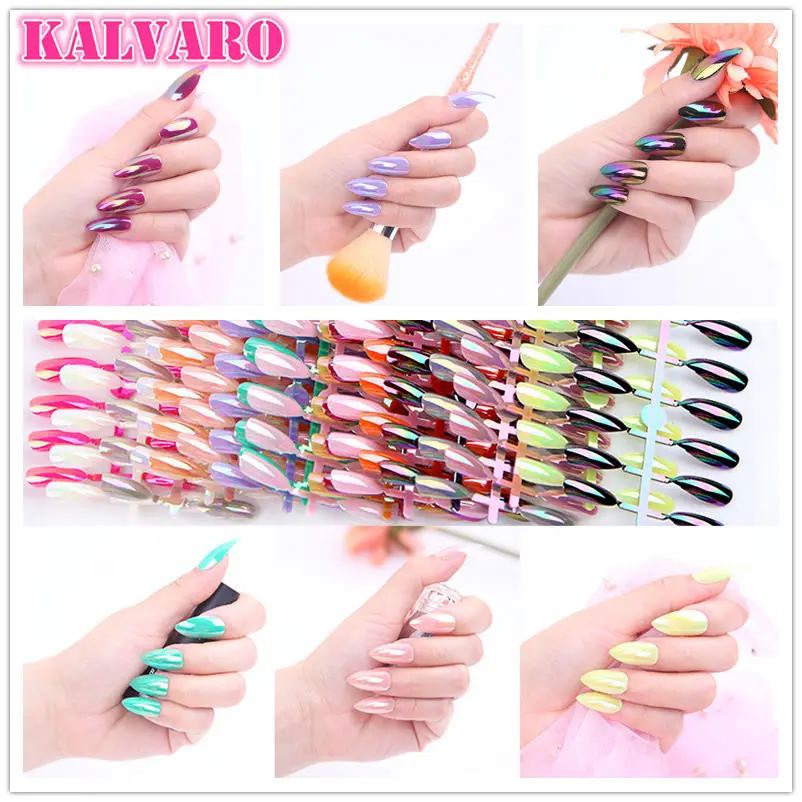 

Kalvaro 24Pcs/Sheet Fashion Stiletto False Nails Sharp Laser Magic Color Fake Nails For Daily Office Wear Tips On The Nail Tree