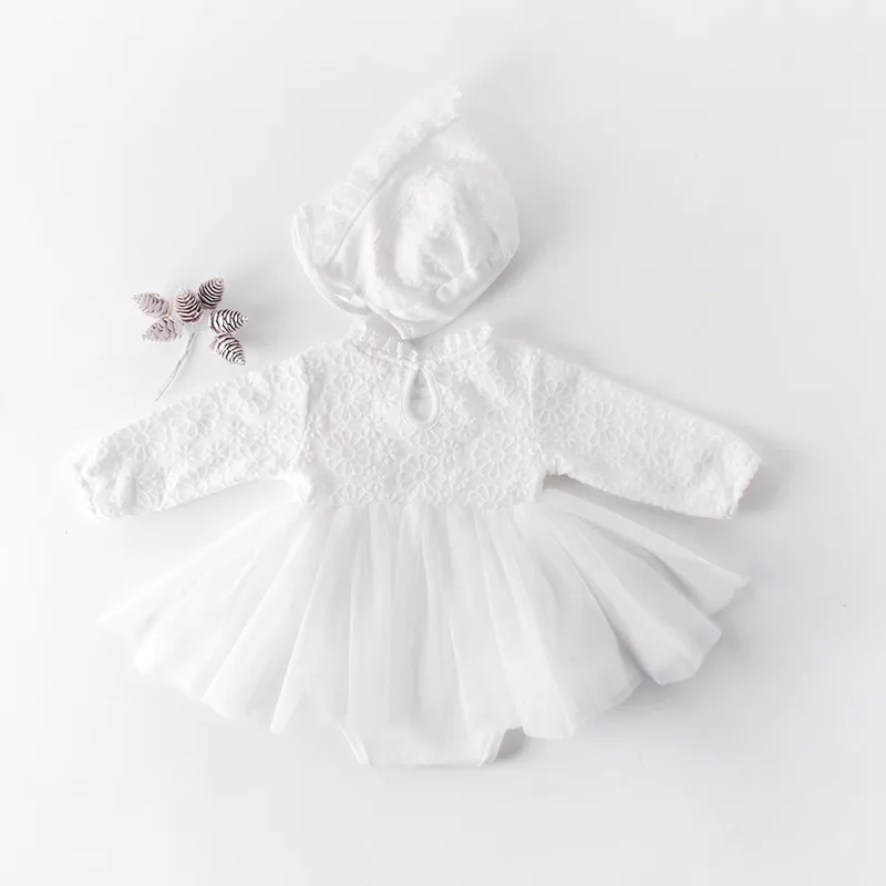 Платье для новорожденных девочек платье для первого дня рождения наряды с шапкой крестины платья для крещения новорожденных Одежда для новорожденных девочек