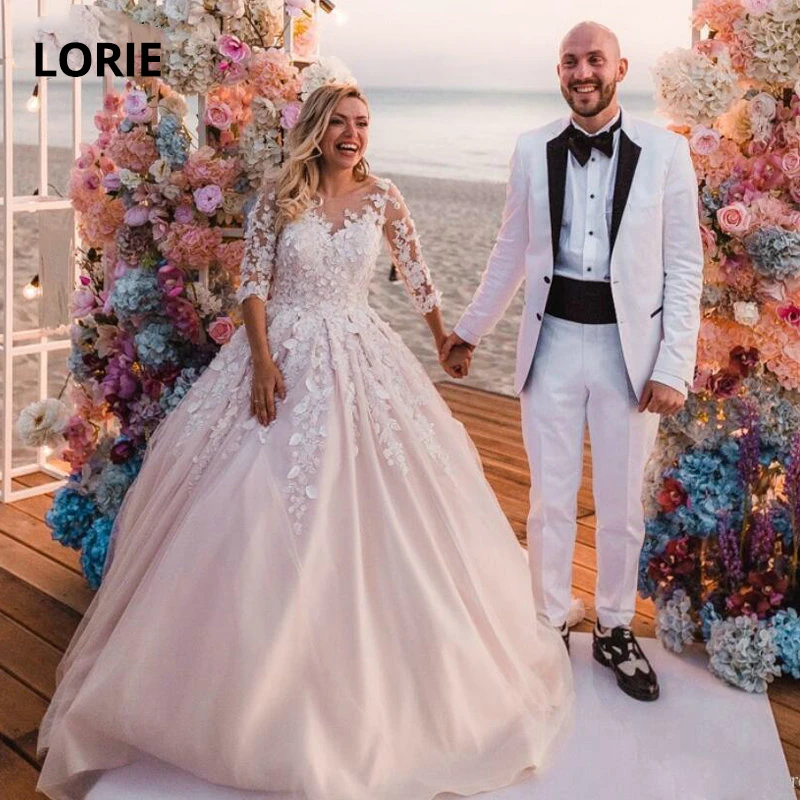 

LORIE 2019 Boho Wedding dresses 3D Flower 3/4 Sleeve Ball Gown Bridal Gowns Backless vestido de noiva Plus size robe mariage