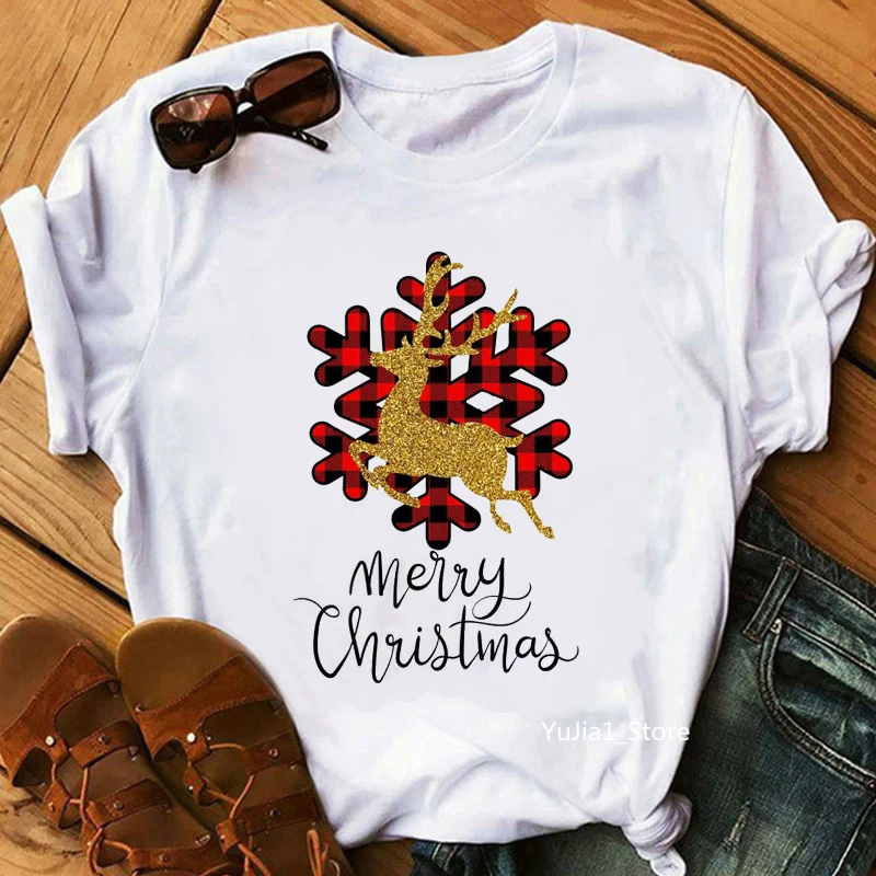 

Glitter Golden Deer Head Graphic Print T-Shirt Women'S Clothing Merry Christmas Gift Tshirt Femme Summer Fashion T Shirt Female