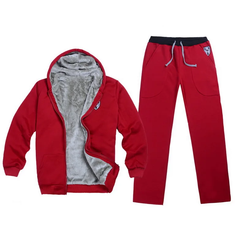 Мужской спортивный костюм, зимняя флисовая куртка с капюшоном+ штаны, толстовка, комплект из 2 предметов, толстовки, мужской спортивный костюм, комплект пальто, спортивная одежда - Цвет: winter red set 1