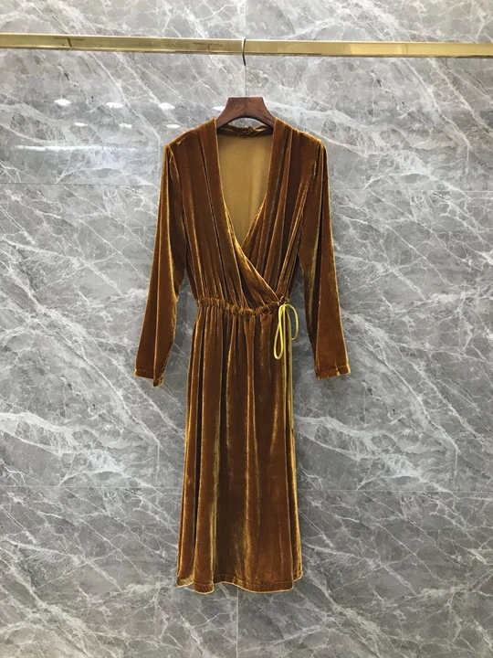 Early Autumn New Female V-neck Velvet Pure Side Lace with Received Waist Long Sleeve Dress 817