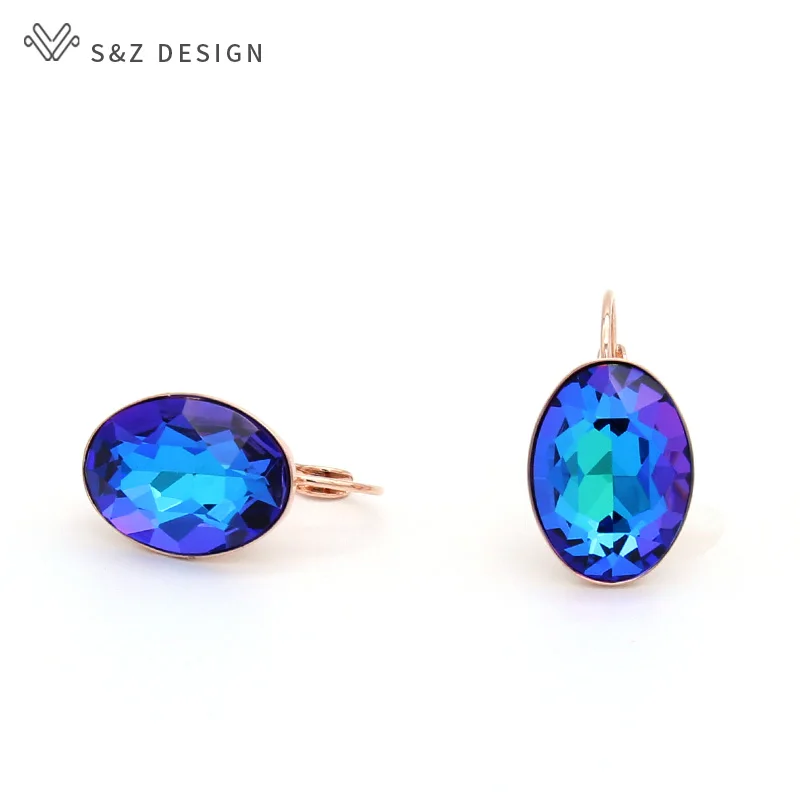 S&Z DESIGN New Trendy 585 Rose Gold Color Luxury Big Oval Pink Crystal Dangle Earrings For Women Wedding Jewelry