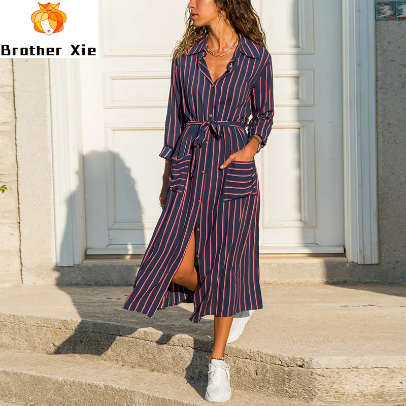 

2020 New Fashion Striped Lady Shirt Dress Long Sleeve Turn Down Collar Casual Dresses Pockets Bandage Elegant Midi Dress Robe