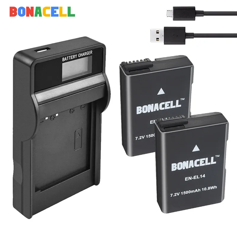 BONACELL 7,4 V 1500 мА/ч, EN-EL14 ENEL14 RU EL14 Камера Батарея+ USB Зарядное устройство для Nikon D5200 D3100 D3200 D5100 P7000 P7100 MH-24 - Цвет: 2 battery Charger