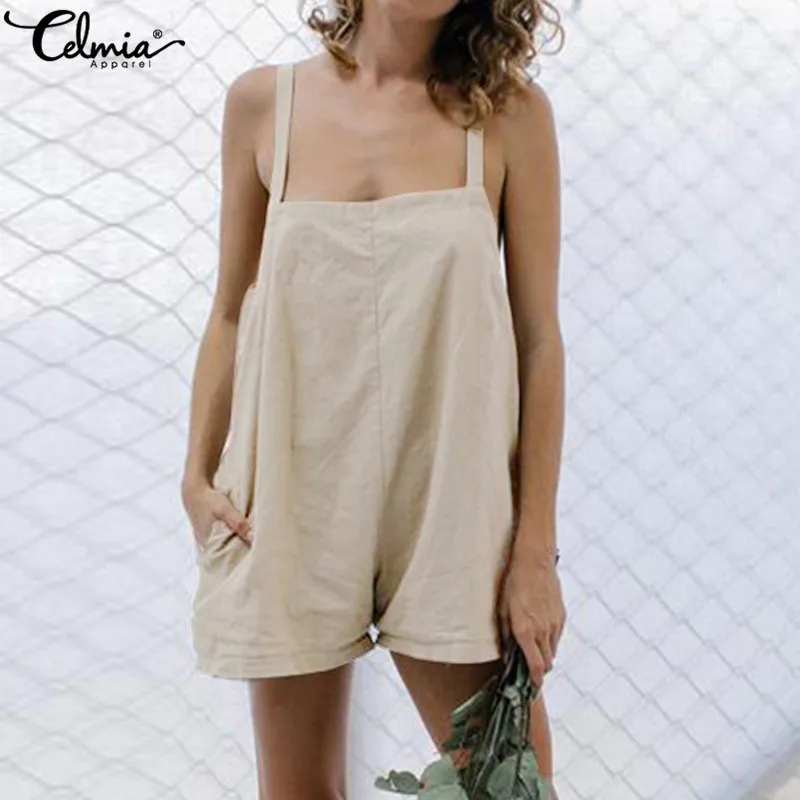 

Celmia 2020 Vintage Women Casual Solid Jumpsuits Summer Beach Short Rompers Loose Sleeveless Playsuits Oversized Overalls Femme