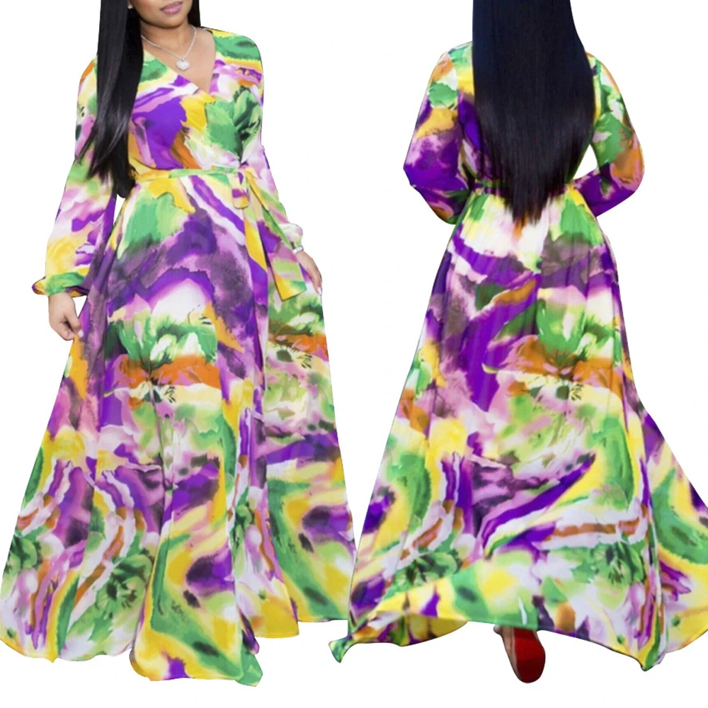 Модное осеннее шифоновое платье в полоску с цветочным принтом и длинным рукавом, женское платье в африканском стиле с v-образным вырезом, женское Повседневное платье макси в стиле бохо, Осеннее длинное платье