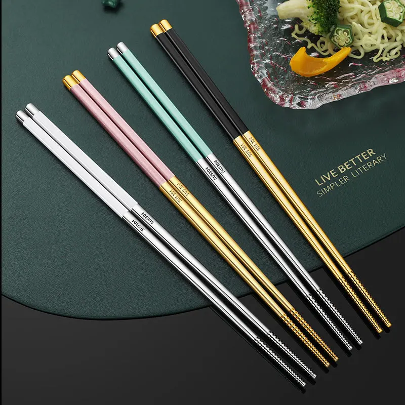 2 Pairs Chinese Style 304 Stainless Steel Chopsticks Round Square