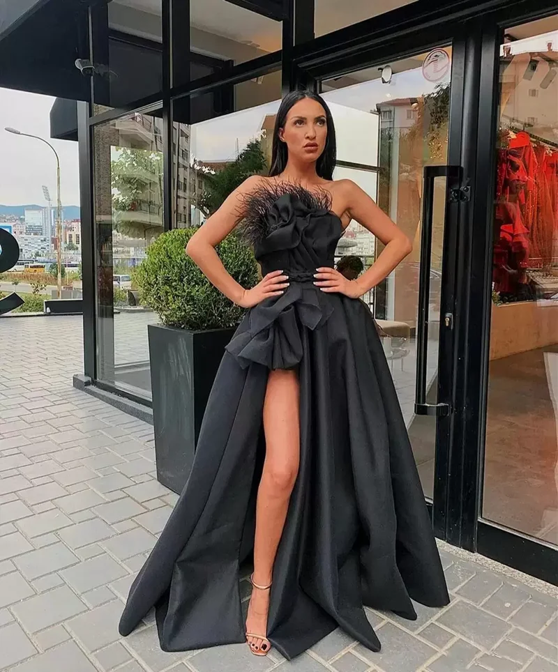 plus size prom & dance dresses Sexy Black Formal Prom Dresses Strapless Sleeveless With Feather Side High Slit A Line Long Satin Eveing Gowns 2022 Robe De Bal hot pink prom dress