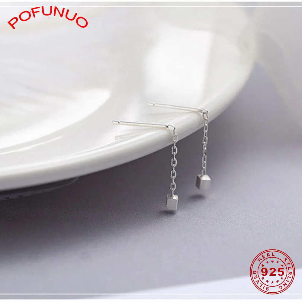 POFUNUO 925 Sterling Silver Stud Earrings Korean Style Fashion Sweet Wire Drawing Square Charm Minimalist Fine Jewelry | Украшения и