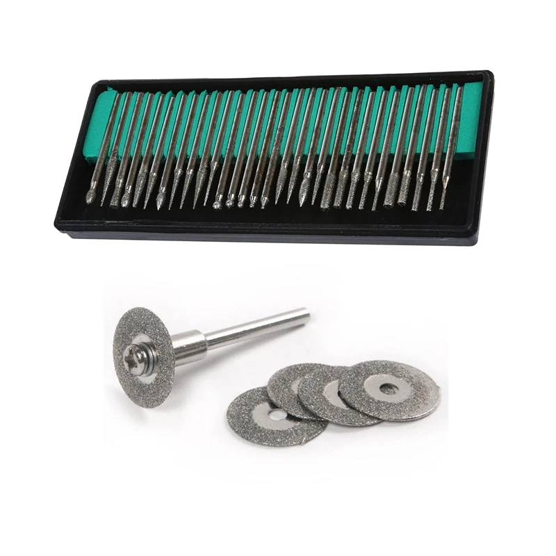 36 Pcs Diamond Grinding Accessories: 30 Burrs Grits Rotary &amp 5 22Mm Cutting Blades Drill Bit 1 Mandrel | Инструменты