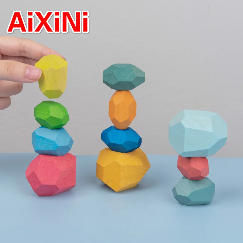

Children Colored Stone Jenga Stacking Blocks Educational Toy Creative Nordic Style Rainbow Stone Wood Blocks Baby Wooden Toys