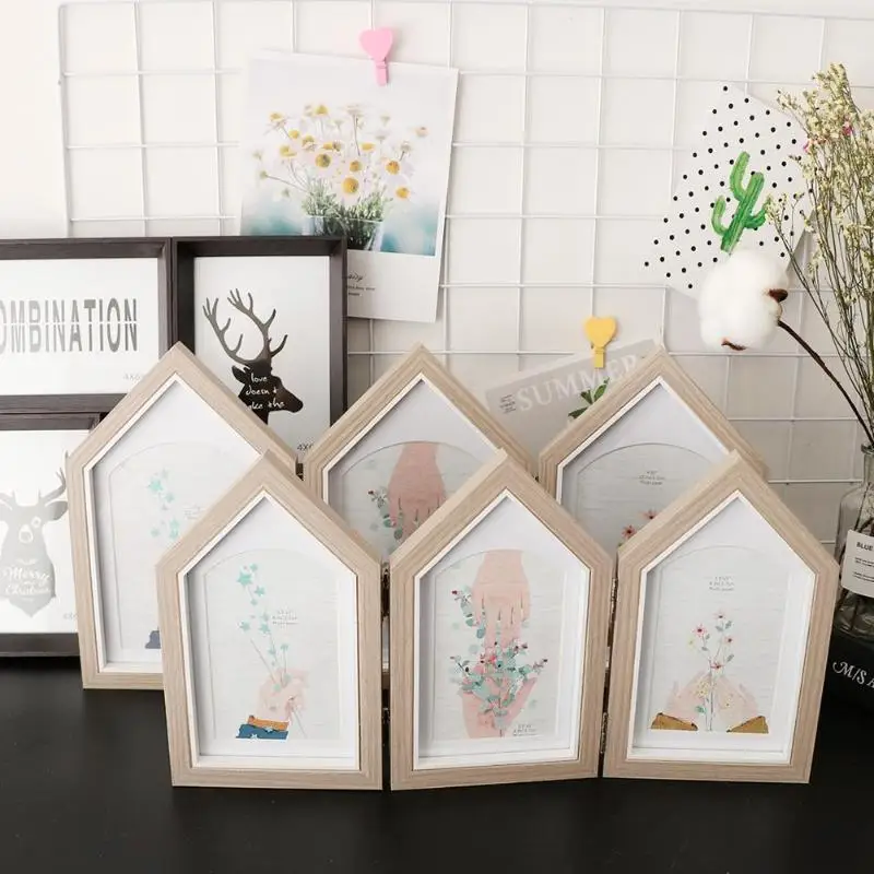 ##BUY Rooftop Wooden Photo Frame 3 Opening Hinged Triple Picture Frames Crafts Canvas Oil Painting Frame Nature DIY Picture Frame