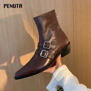 

2020 PENUTA Real Leather Vintage Boots Pointy Toe Belt Buckled Martin Boots Women Winter Shoes Brown Black Zapatos Mujer D0069
