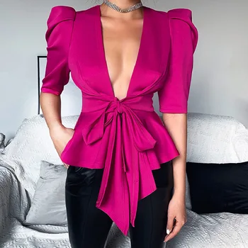 

Women Jacket Open Stitch Half Puff Sleeve Bandage Lace-up Tops Solid Slim Knit Spring Summer Clothes Elegant Office Lady G2026