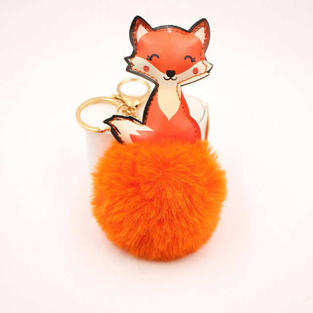 Ball Keychain Charm Key Ring Cute Leather Fox Keyring Plush Fluffy Pompom Faux Rabbit Fur Ball Bag Car Key Charms Accessory