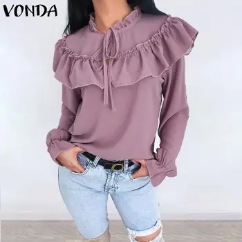 

VONDA Fashion Cotton Blouses 2020 Women Summer Spring Lace Up Ruffle-Neck Solid Shirts Plus Size Bohemian Party Ladies Tops 5XL