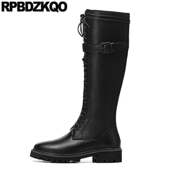 

tall round toe long lace up patent leather trend chunky autumn black knee high shoes ladies brand women winter boots genuine