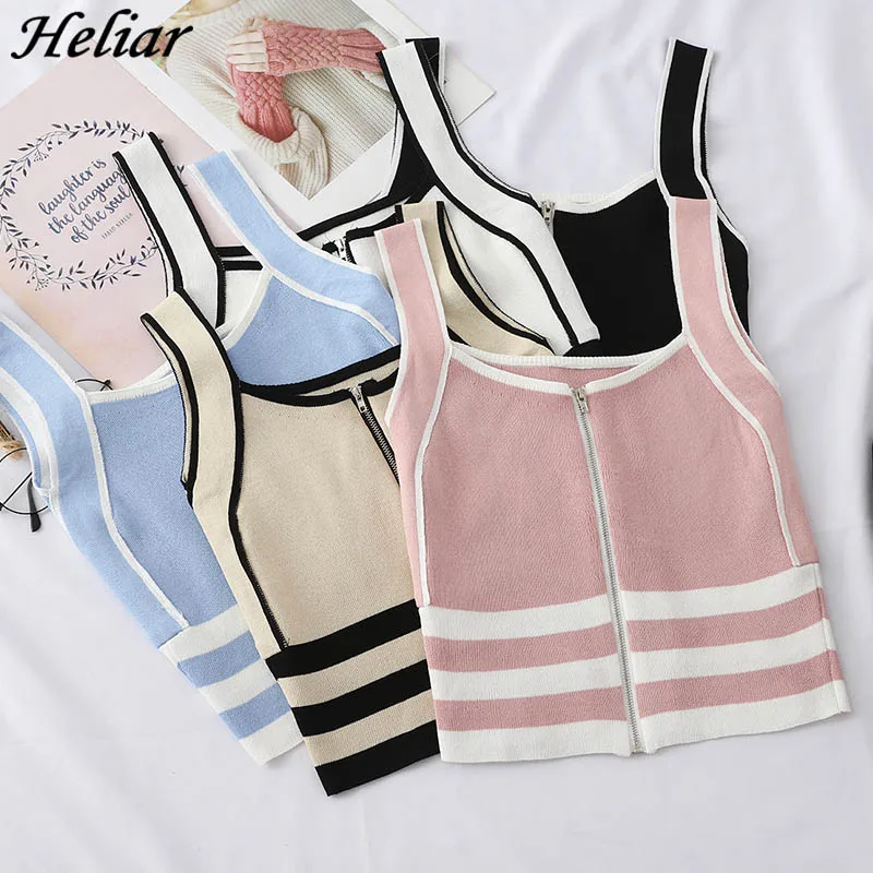 

HELIAR Zipper Camis Striped Spaghetti Crop Top Femme Vest Tank Tops Femme Cotton Knitting Female 2019 Summer Camis For Women