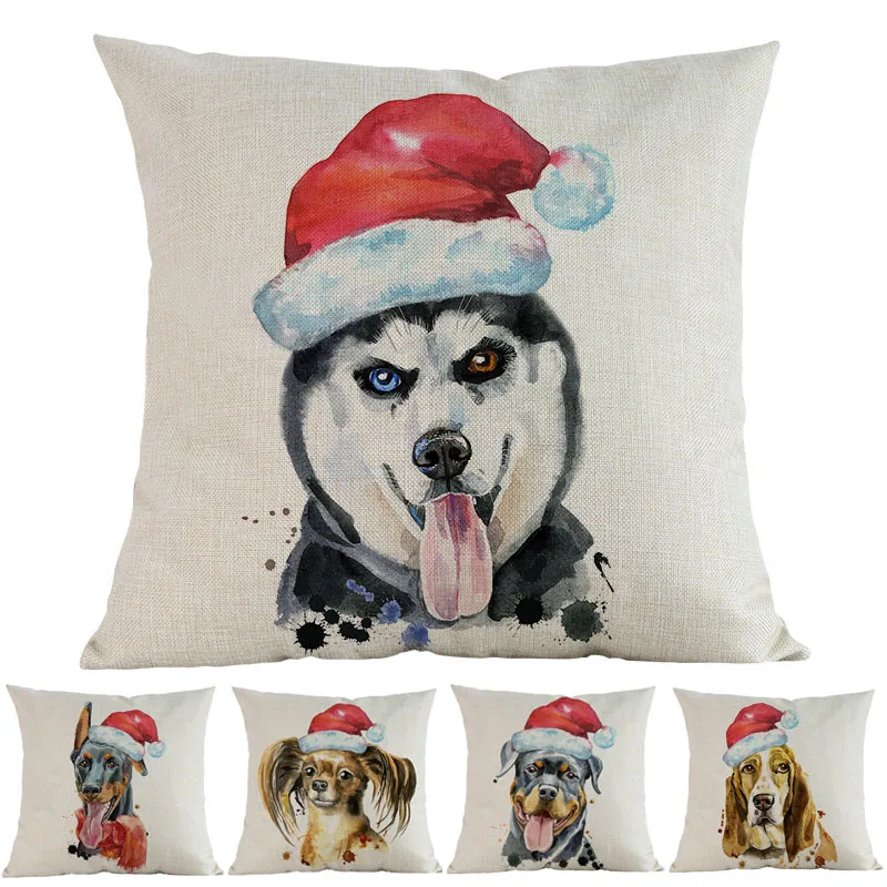 

Wearing Christmas Hats Animals Dog Rottweiler Husky Doberman Basset Bull Terrier Pillow Case Home Sofa Decorative Cushion Cover