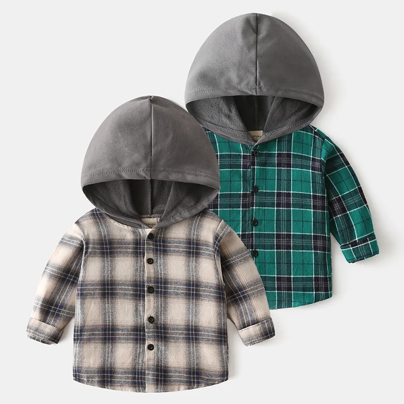 Korean children Clothing Boys long-sleeved shirt baby with a hat plaid shirt in the children's spring and autumn cloth