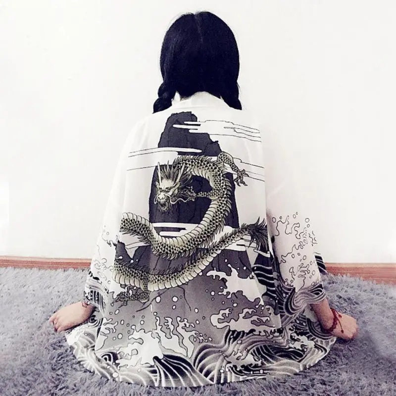 

2019 Vintage Summer Women Cardigan Dragon Waves Printed Chiffon Sun Protection Kimono Shirt Outerwear