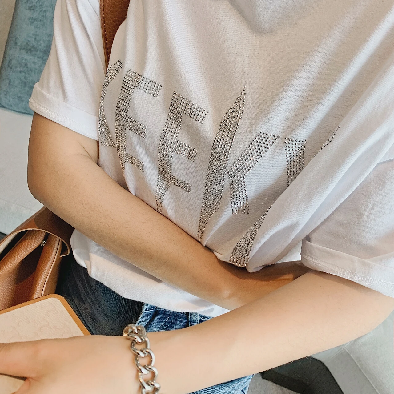 

2023 Women's Bling Beading Printed T-shirt Top Anime Y2k New Woman Tee Shirt Kawaii Short Sleeve Clothes Blouse Goth White Black