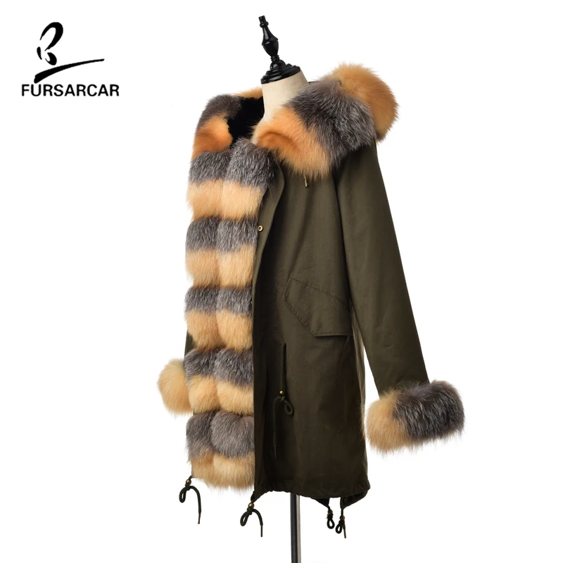 FURSARCAR Для женщин Мода из натурального меха, зимняя куртка-парка со съемной Рекс подкладка из кролика Лисий меховой воротник натурального овечьего меха куртки и пальто для мальчиков