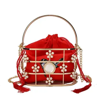 

Pearl Basket Bucket Handbag 2020 New Women Evening Clutch Bag Famous Brand Hollow Out Flowers Beaded Metallic Clutch Purse D632