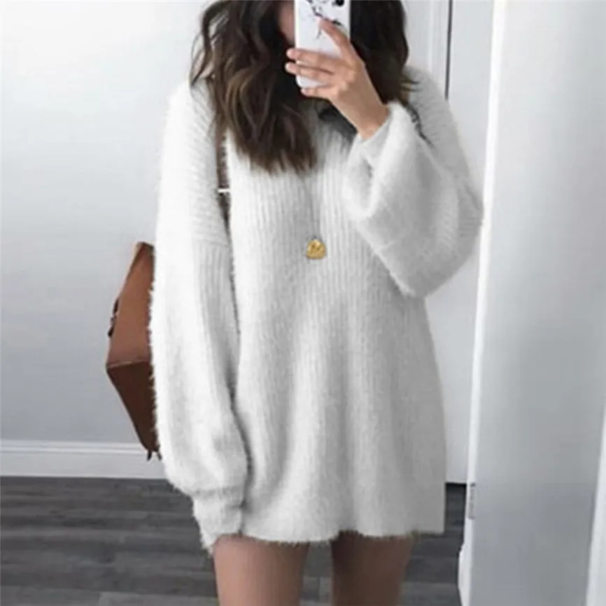 

Fashion Women Solid O-Neck Loose Knitted Warm Long Latern Sleeve Sweater Blouse Autumn Winter Female Jumpers Vetement Femme