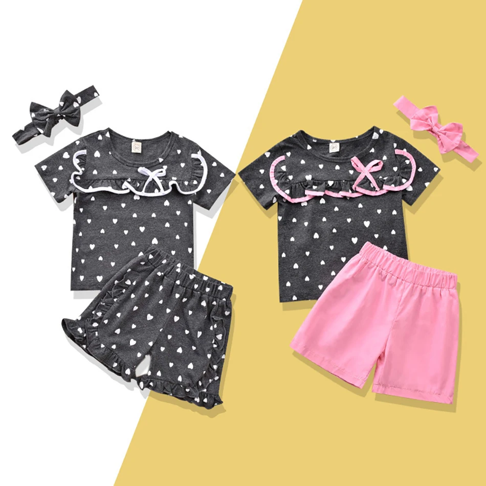 

2022 Toddler Girls Clothes Sets With Headband Summer Tops Shorts 3pcs Outfits Love Dot Print Fashion Clothing For 1-6 Years
