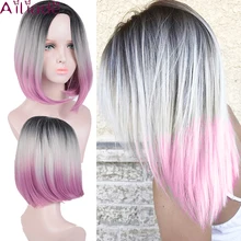 AILIADE парик для волос из высокотемпературного волокна 14 дюймов короткие прямые парики для женщин синтетические темные корень Омбре розовые парики для косплея