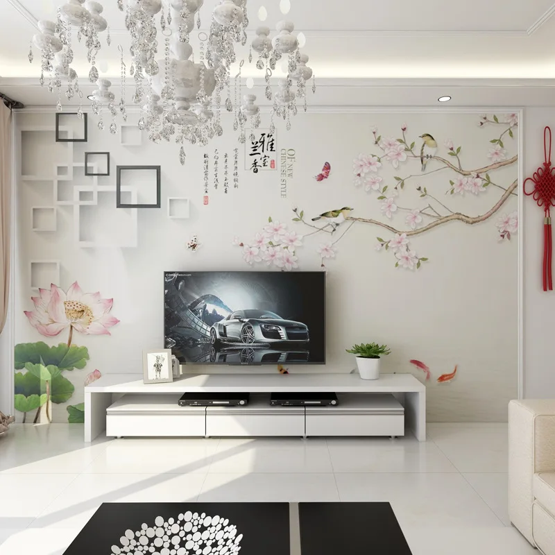 

Chinese Style TV Backdrop Wallpaper Lotus Decoration Wallpaper Film And Television Wall Cloth 8D Modern Minimalist Living Room B