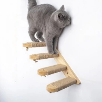 

Natural Wooden Cat Climbing Shelf Stairs Wall Mounted Four Step Cat Stairway with Jute Scratch for Cats Perch Platform Supplies